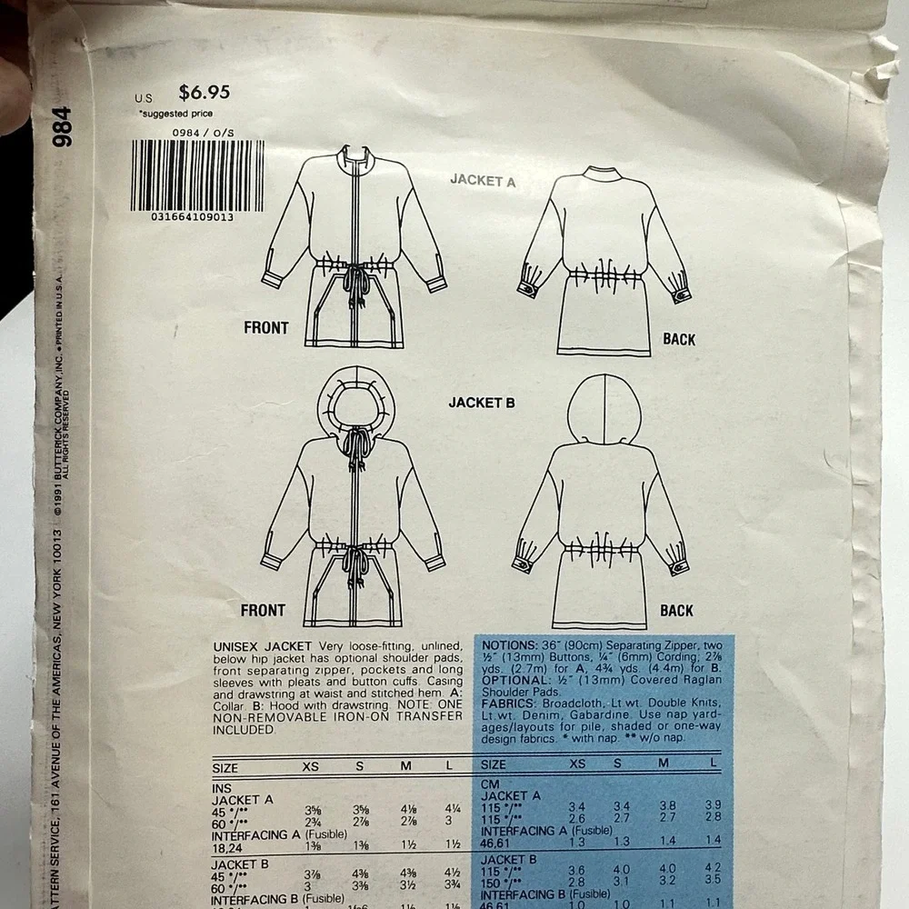 Butterick Sewing Pattern Unisex XS-L 984 Jacket Uncut Factory Folded